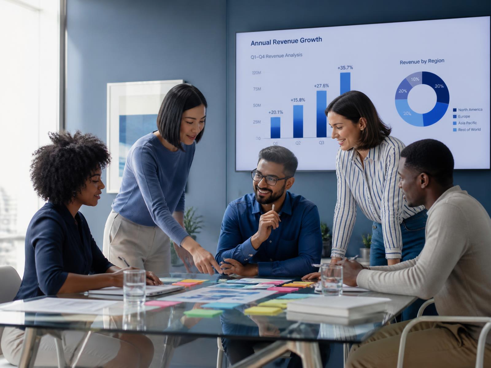 A team reviewing annual revenue growth together