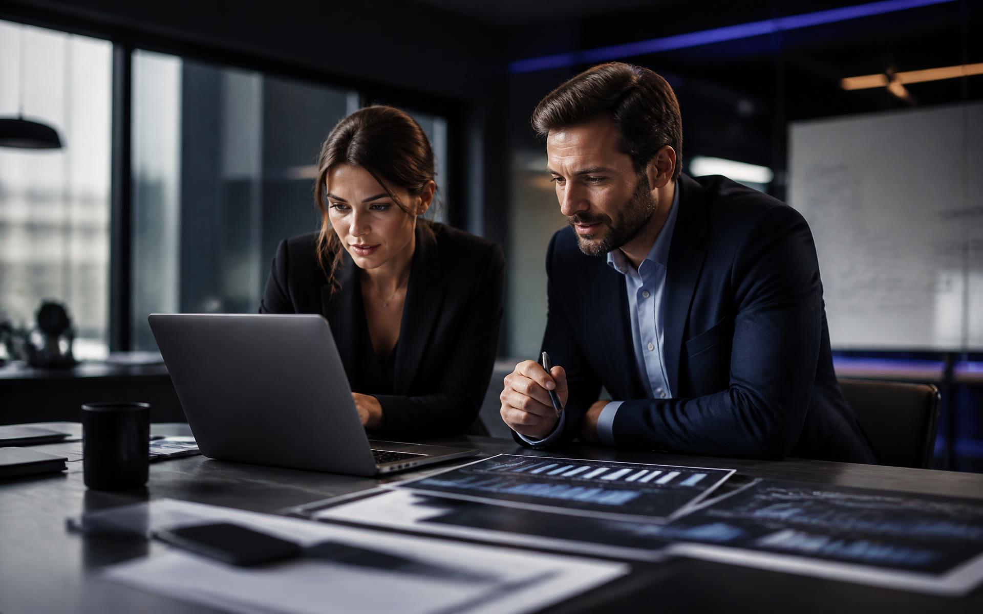 Two consultants reviewing performance data in a modern office